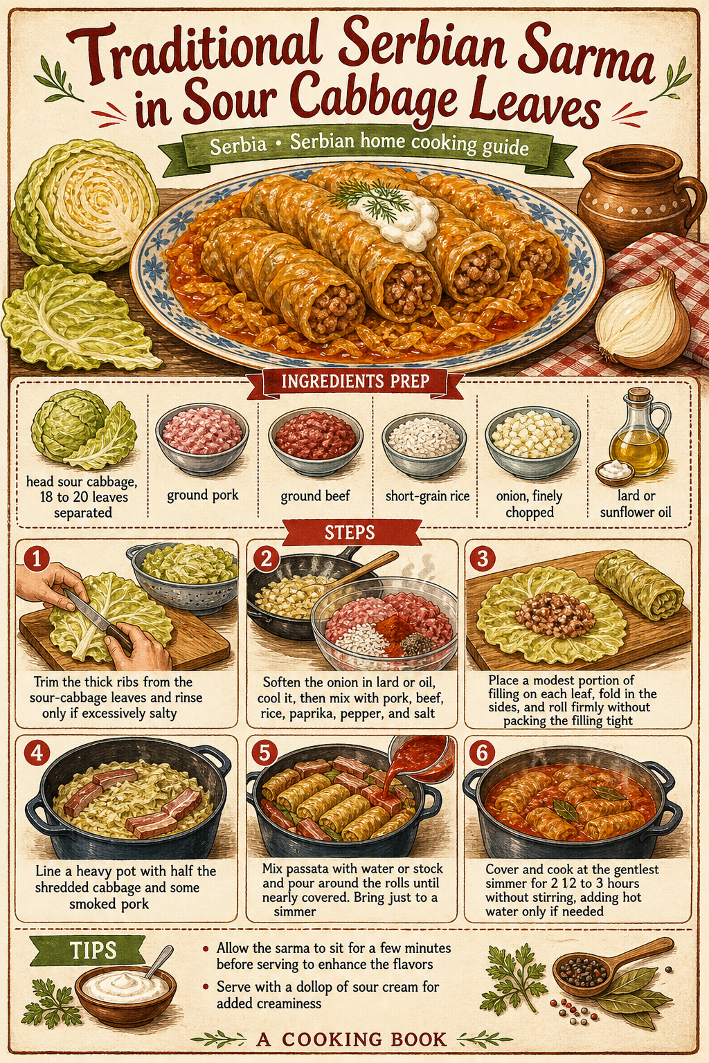 Traditional Serbian Sarma in Sour Cabbage Leaves illustrated step-by-step cooking guide
