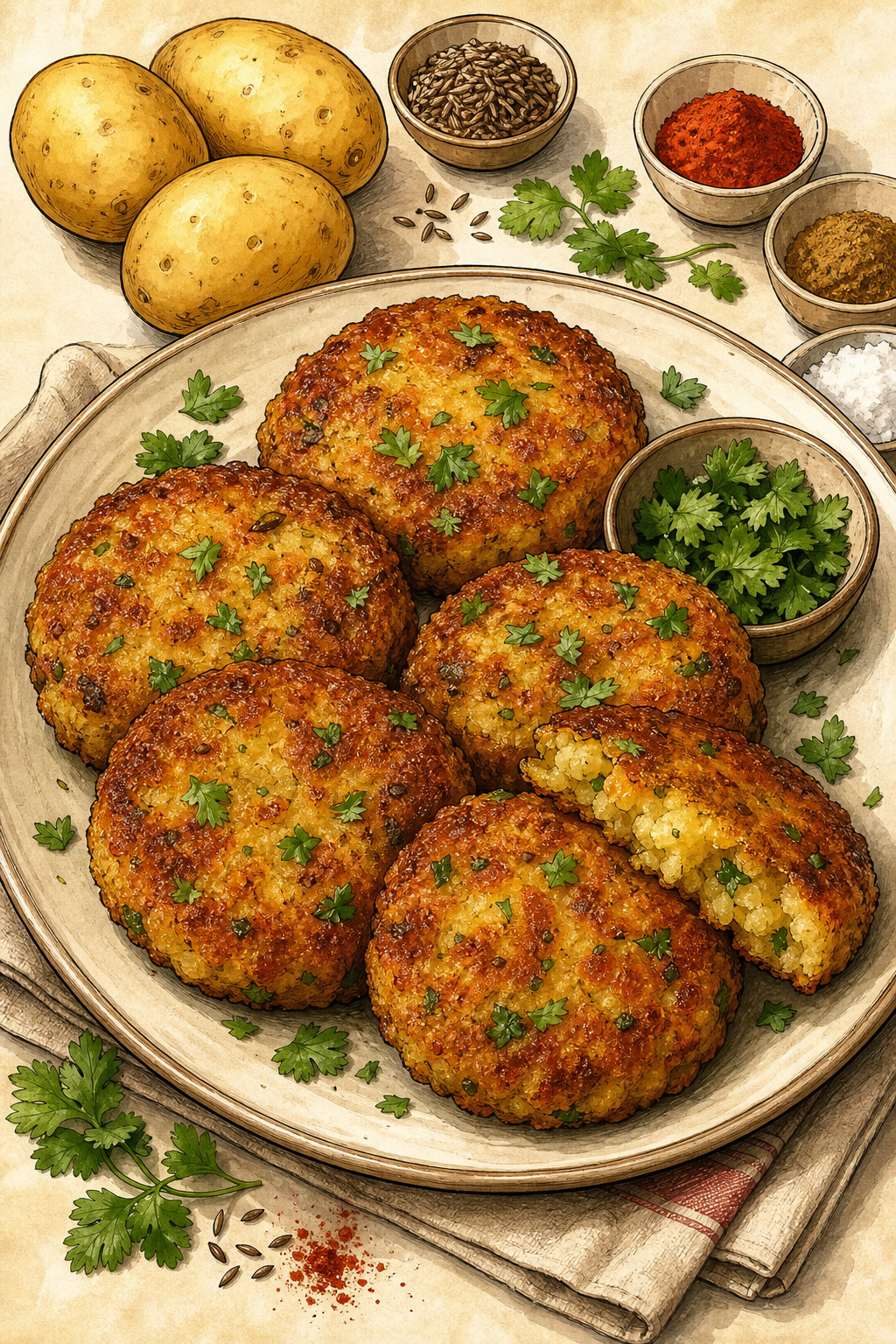 Aloo Tikki illustrated recipe card