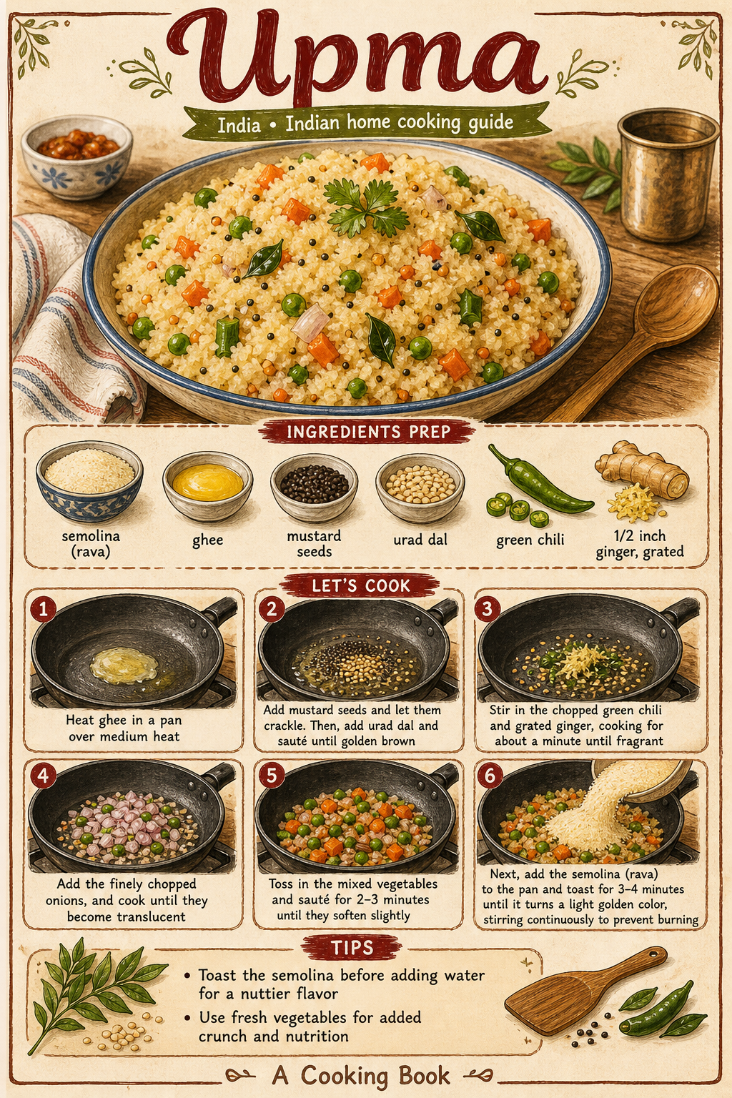 Upma illustrated step-by-step cooking guide