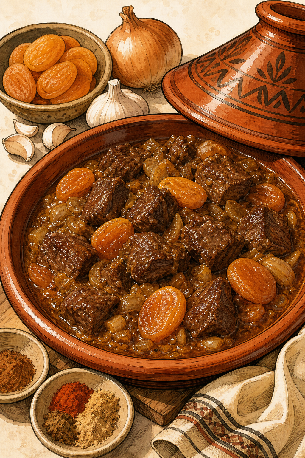 Beef Tagine with Apricots illustrated recipe card