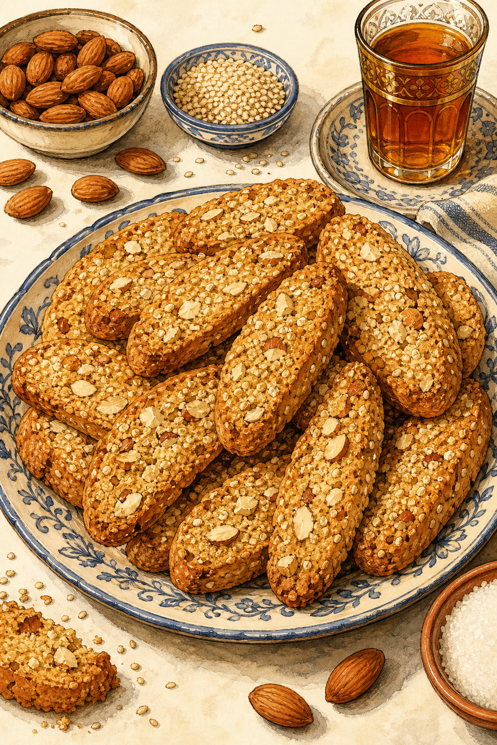 Fekkas with Almonds and Sesame illustrated recipe card