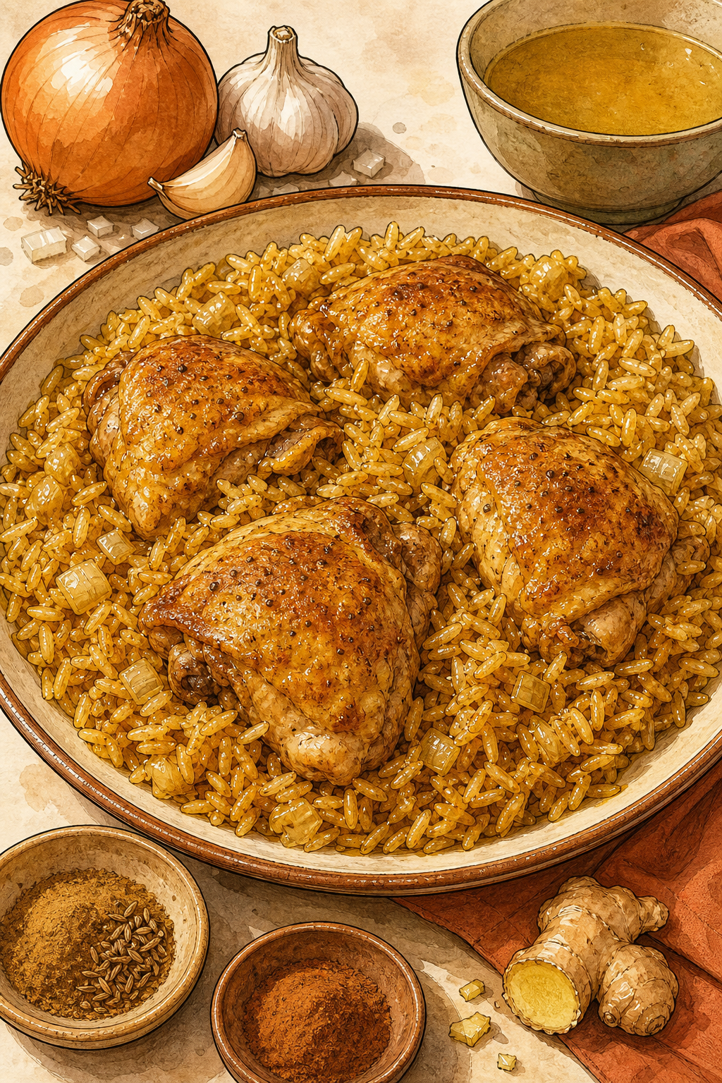 Rice and Chicken Pilaf illustrated recipe card