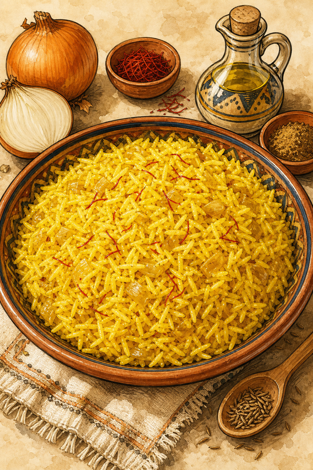 Saffron Rice Pilaf illustrated recipe card