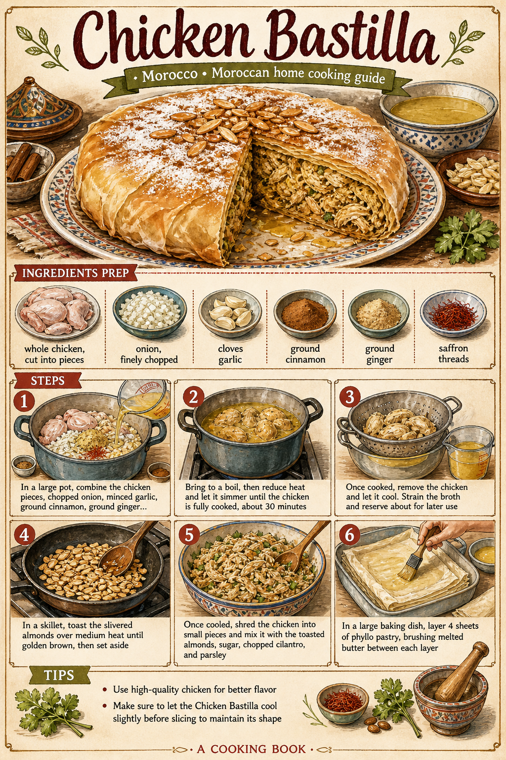 Chicken Bastilla illustrated step-by-step cooking guide