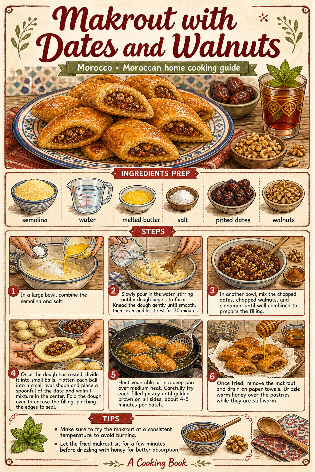 Makrout with Dates and Walnuts illustrated step-by-step cooking guide