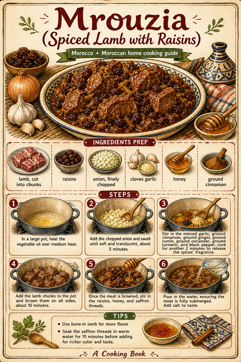 Mrouzia (Spiced Lamb with Raisins) illustrated step-by-step cooking guide