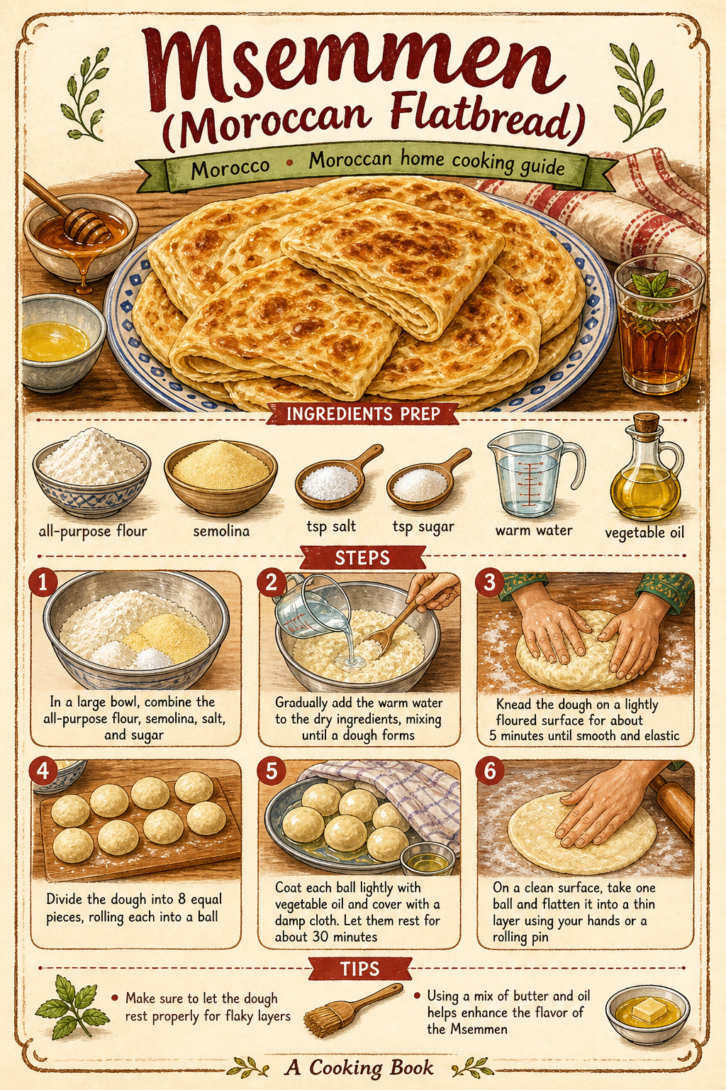 Msemmen (Moroccan Flatbread) illustrated step-by-step cooking guide