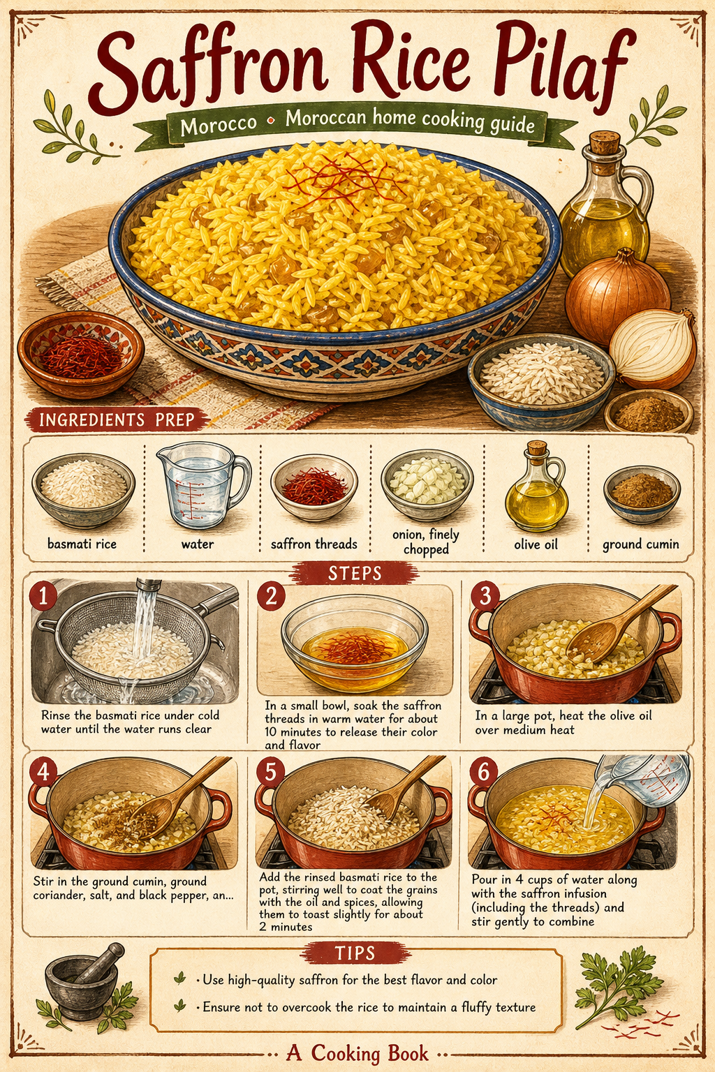 Saffron Rice Pilaf illustrated step-by-step cooking guide