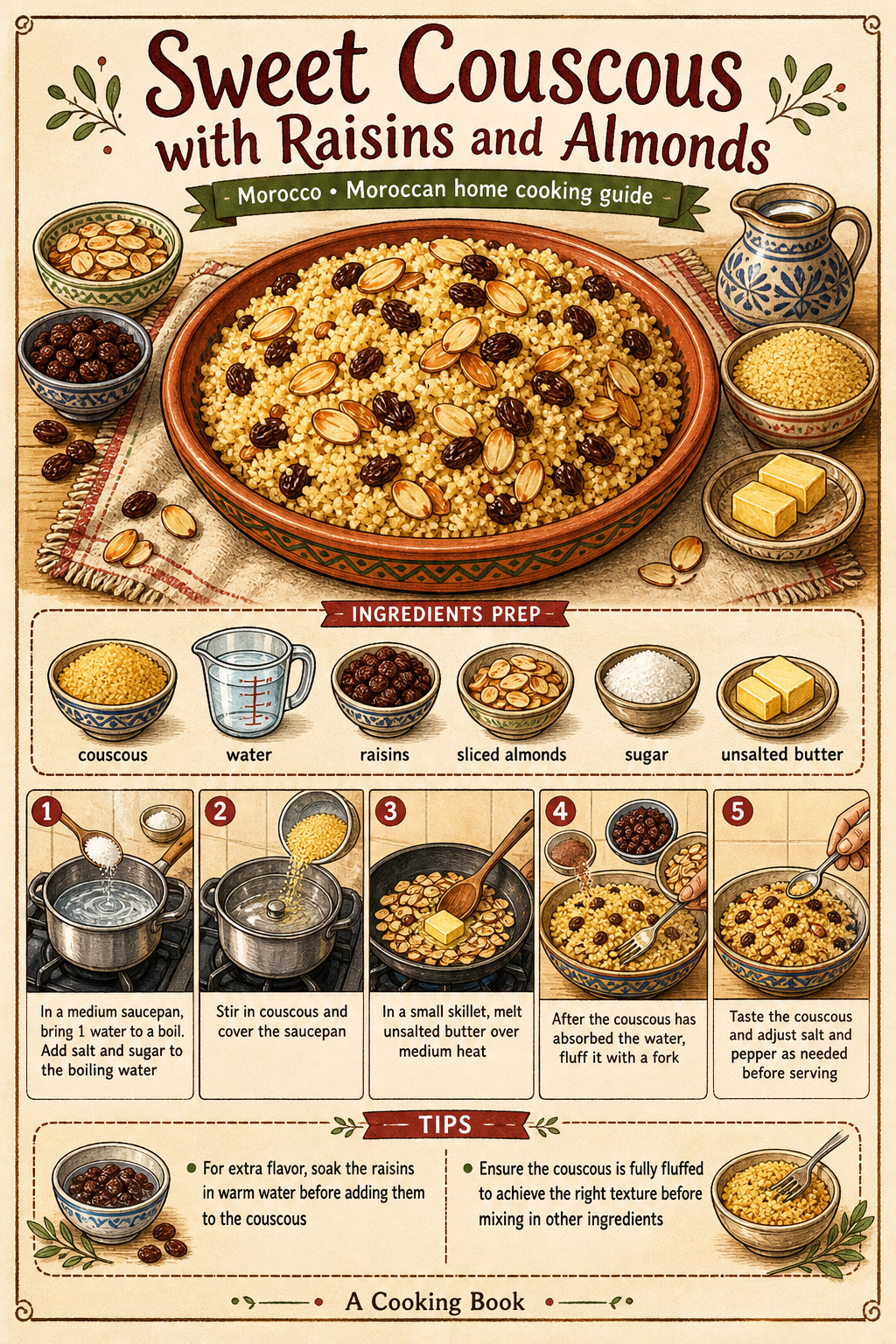Sweet Couscous with Raisins and Almonds illustrated step-by-step cooking guide