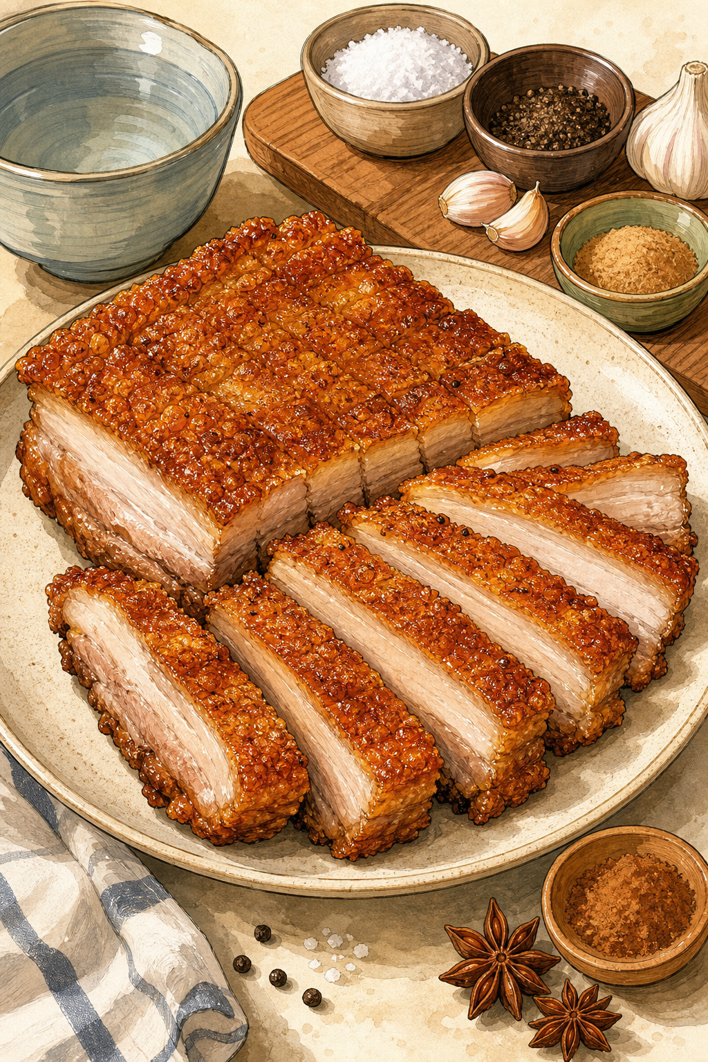 Crispy Pork Belly illustrated recipe card