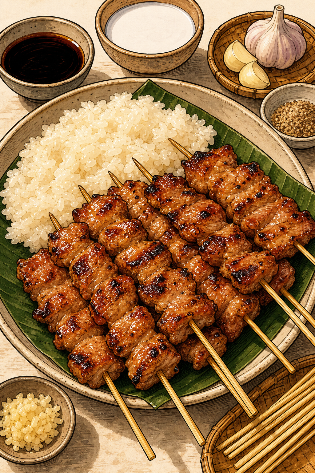 Moo Ping (Thai Grilled Pork Skewers) illustrated recipe card