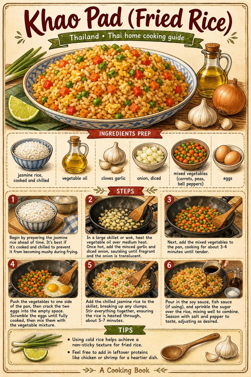 Khao Pad (Fried Rice) illustrated step-by-step cooking guide