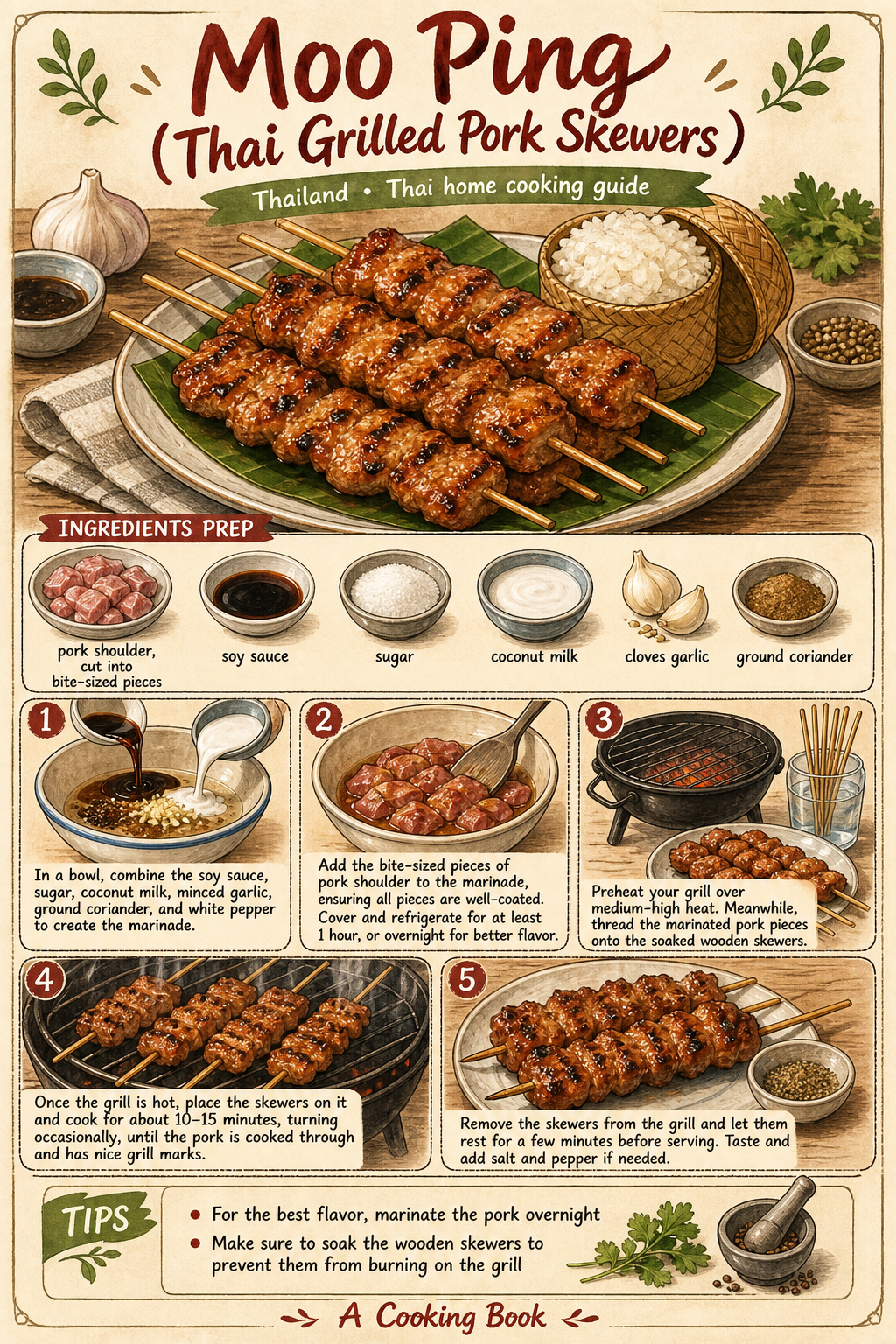 Moo Ping (Thai Grilled Pork Skewers) illustrated step-by-step cooking guide