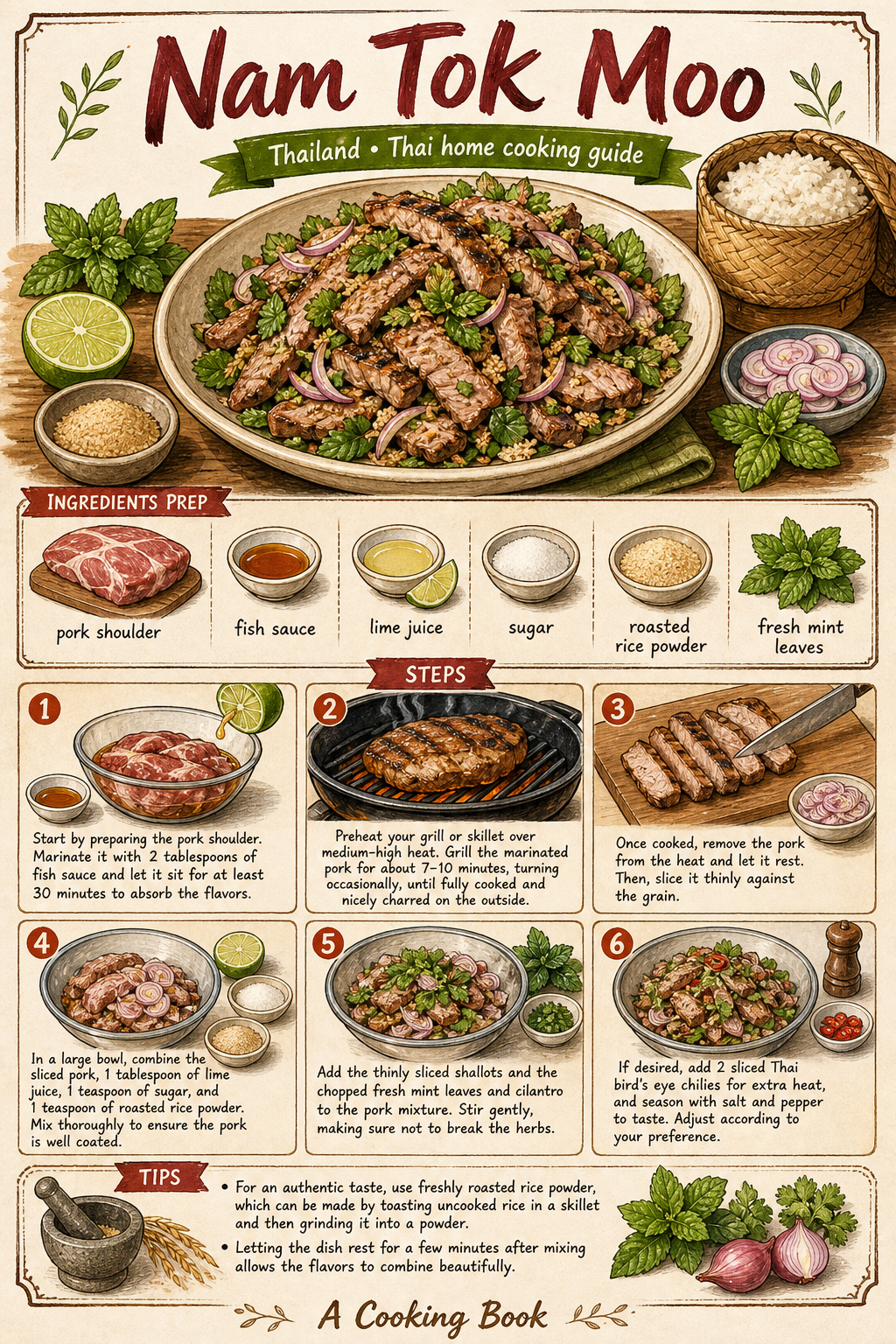 Nam Tok Moo illustrated step-by-step cooking guide