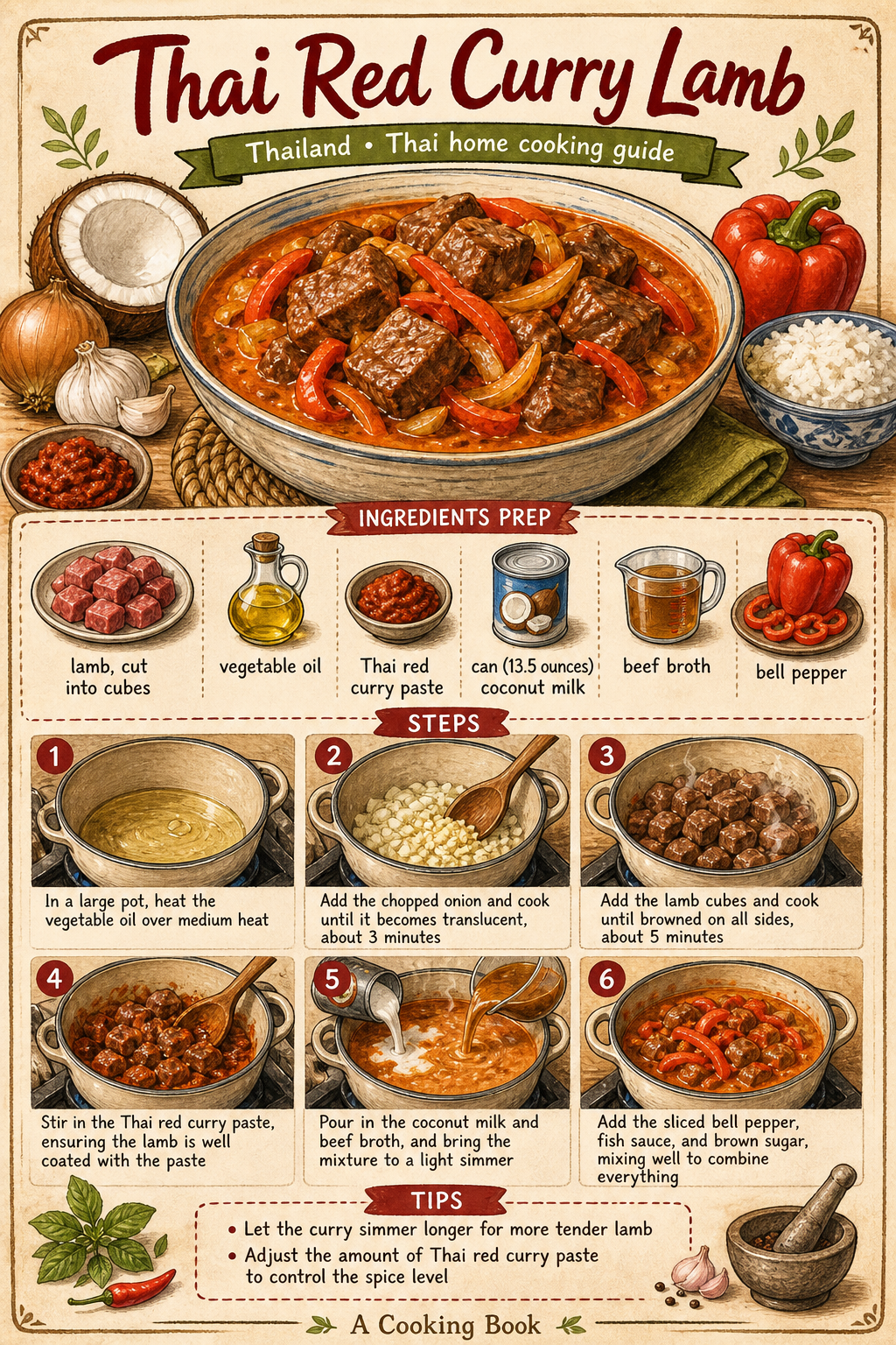 Thai Red Curry Lamb illustrated step-by-step cooking guide