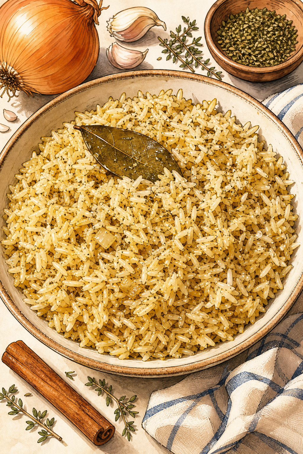 Aromatic Greek Rice illustrated recipe card