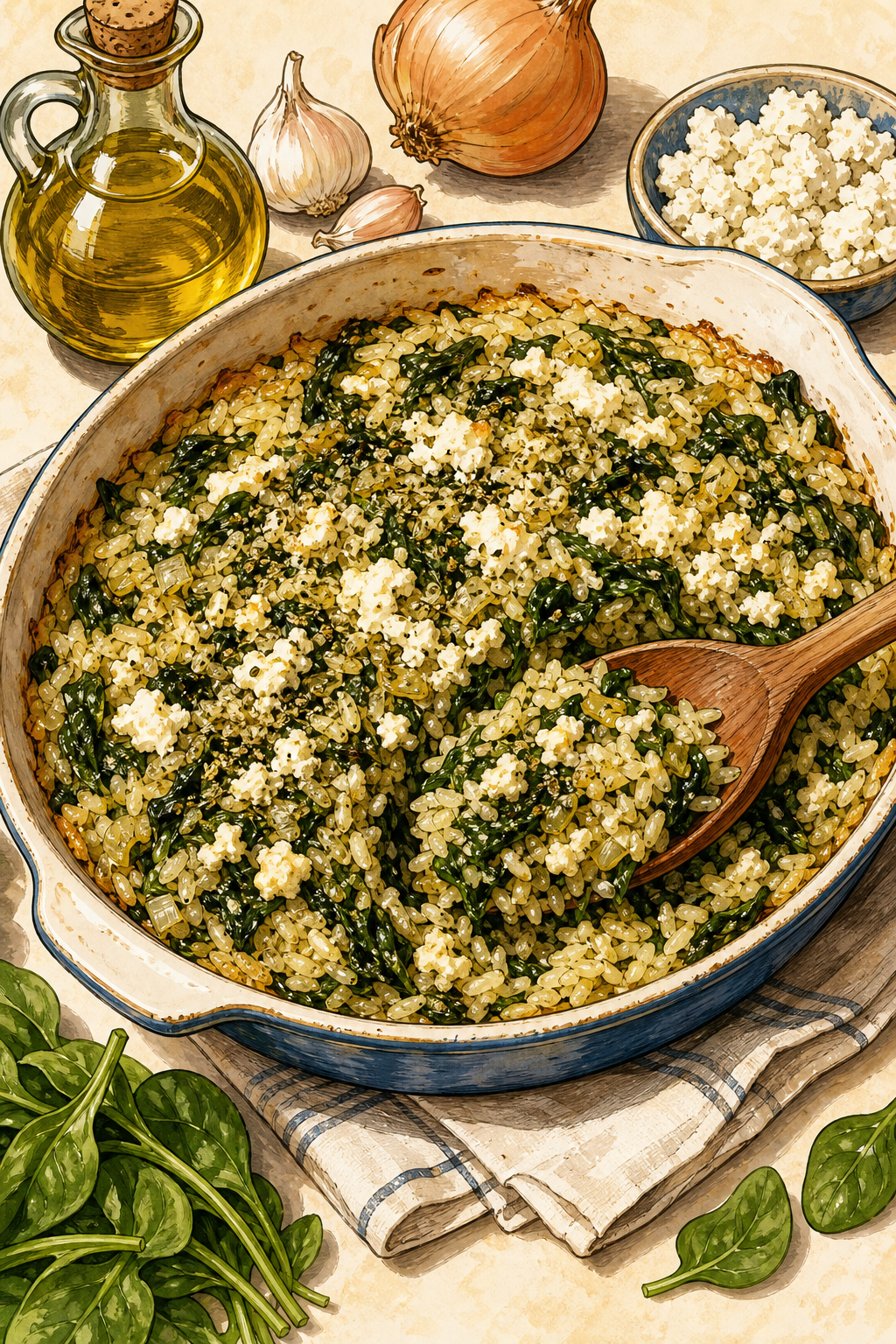 Baked Spinach and Rice illustrated recipe card