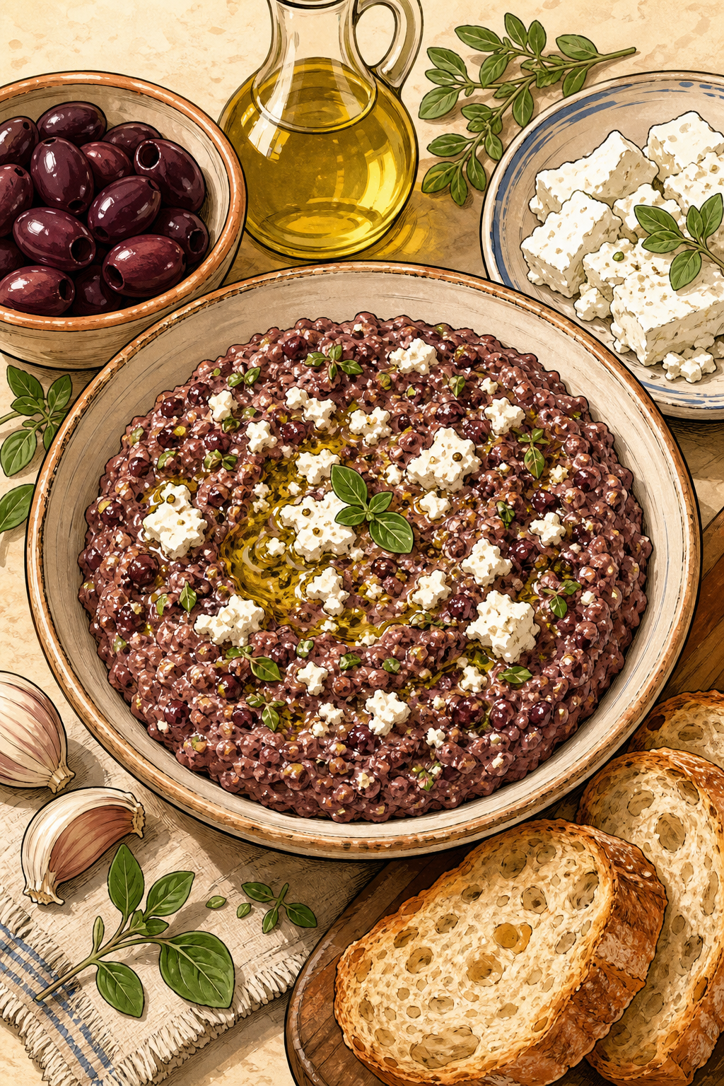 Feta and Olive Tapenade illustrated recipe card