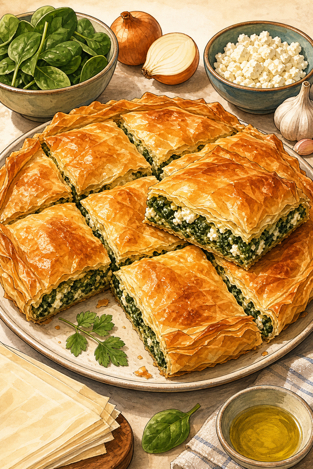 Feta and Spinach Pie illustrated recipe card
