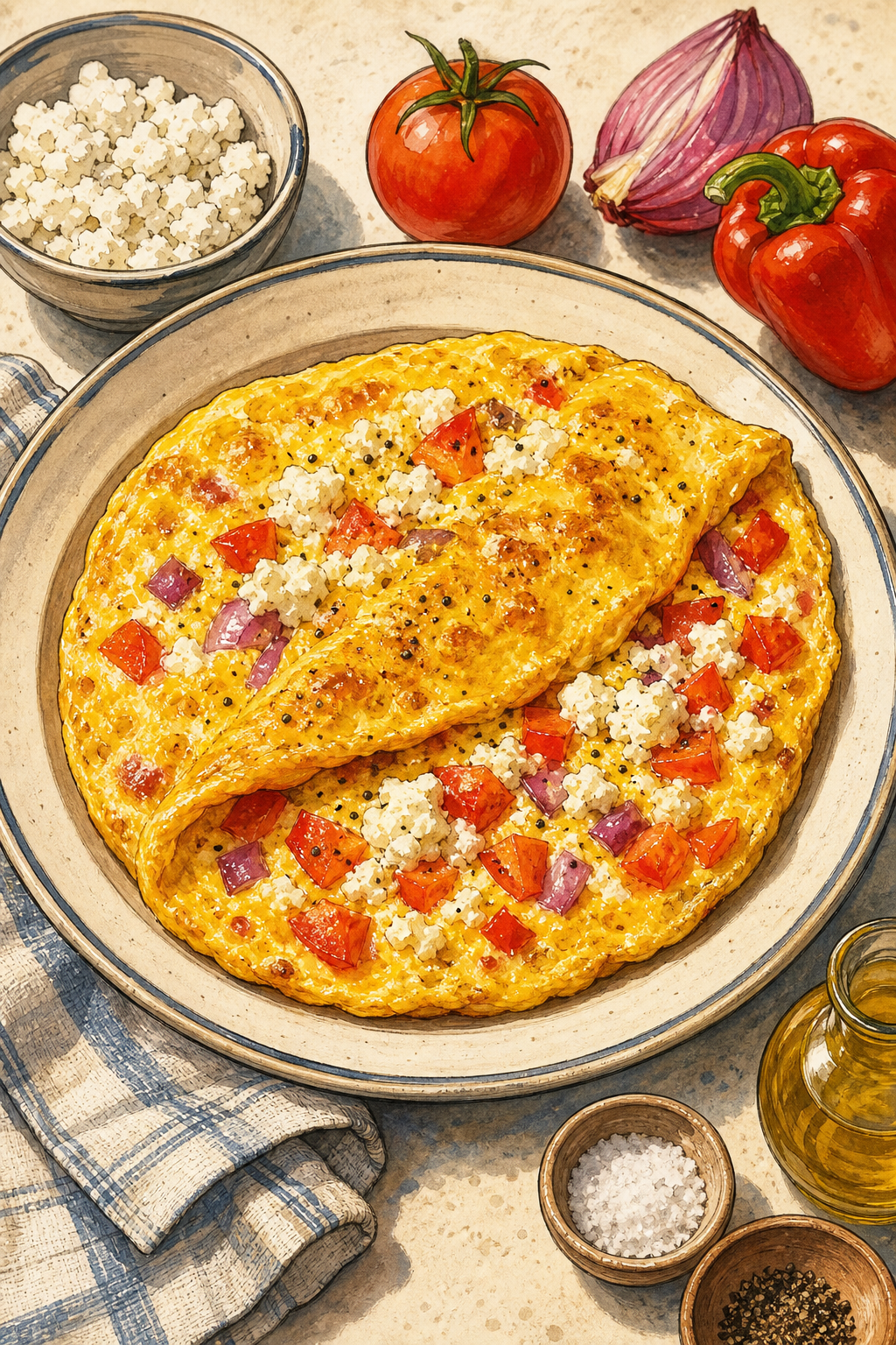 Greek Omelette with Feta illustrated recipe card