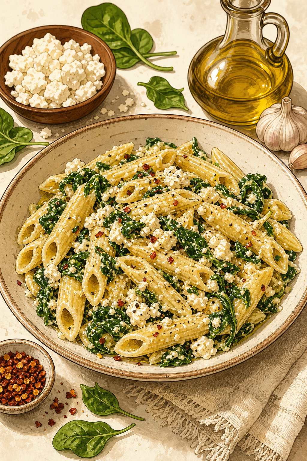 Pasta with Feta and Spinach illustrated recipe card