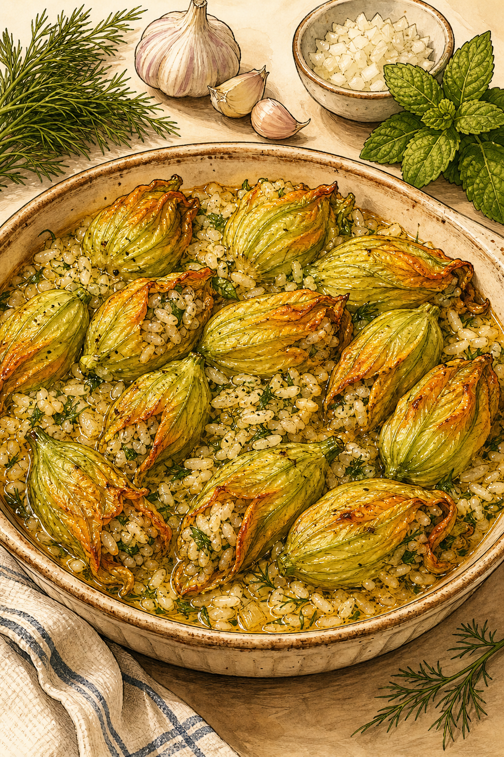 Stuffed Zucchini Flowers illustrated recipe card