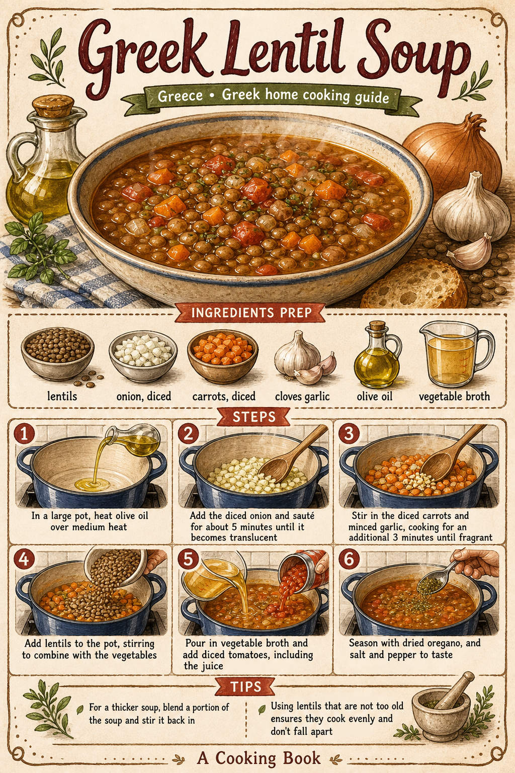 Greek Lentil Soup illustrated step-by-step cooking guide