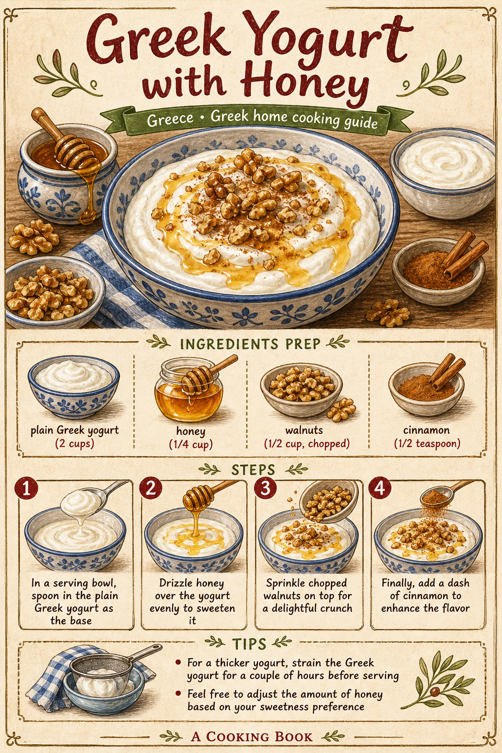 Greek Yogurt with Honey illustrated step-by-step cooking guide