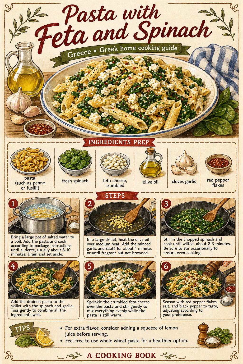 Pasta with Feta and Spinach illustrated step-by-step cooking guide