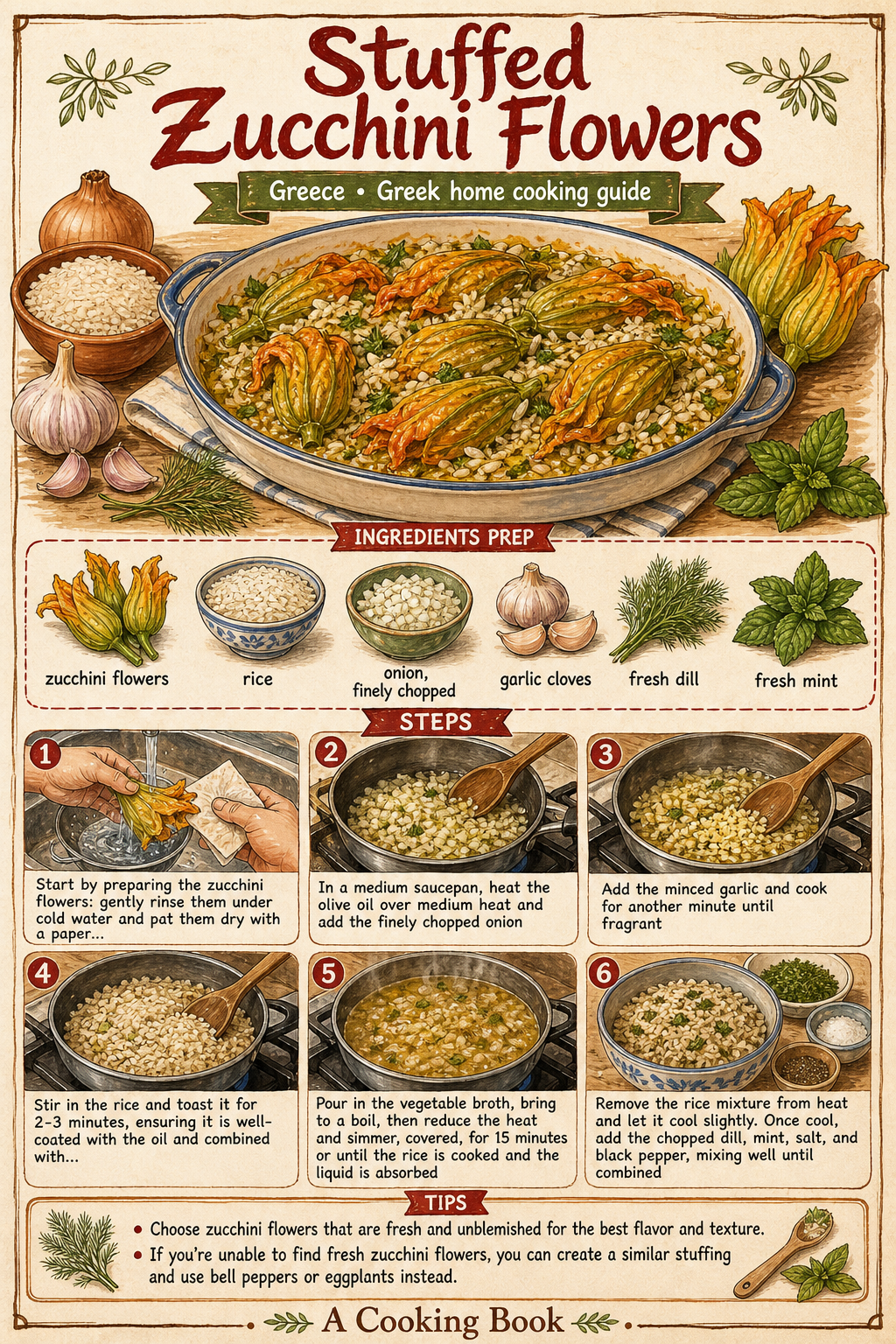Stuffed Zucchini Flowers illustrated step-by-step cooking guide