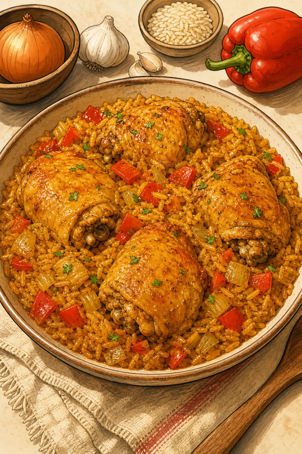 Peruvian Cilantro Chicken and Rice illustrated recipe card