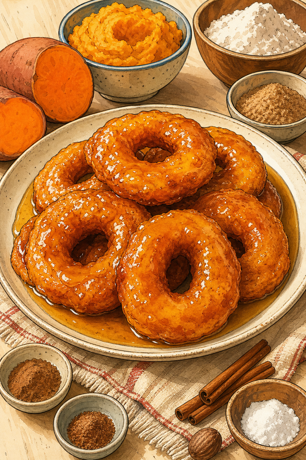 Picarones with Chancaca Syrup illustrated recipe card