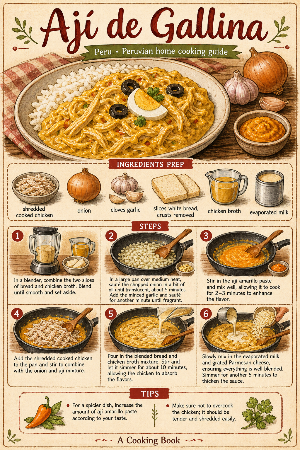 Ají de Gallina illustrated step-by-step cooking guide