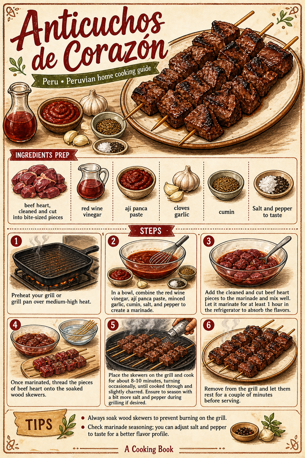 Anticuchos de Corazón illustrated step-by-step cooking guide