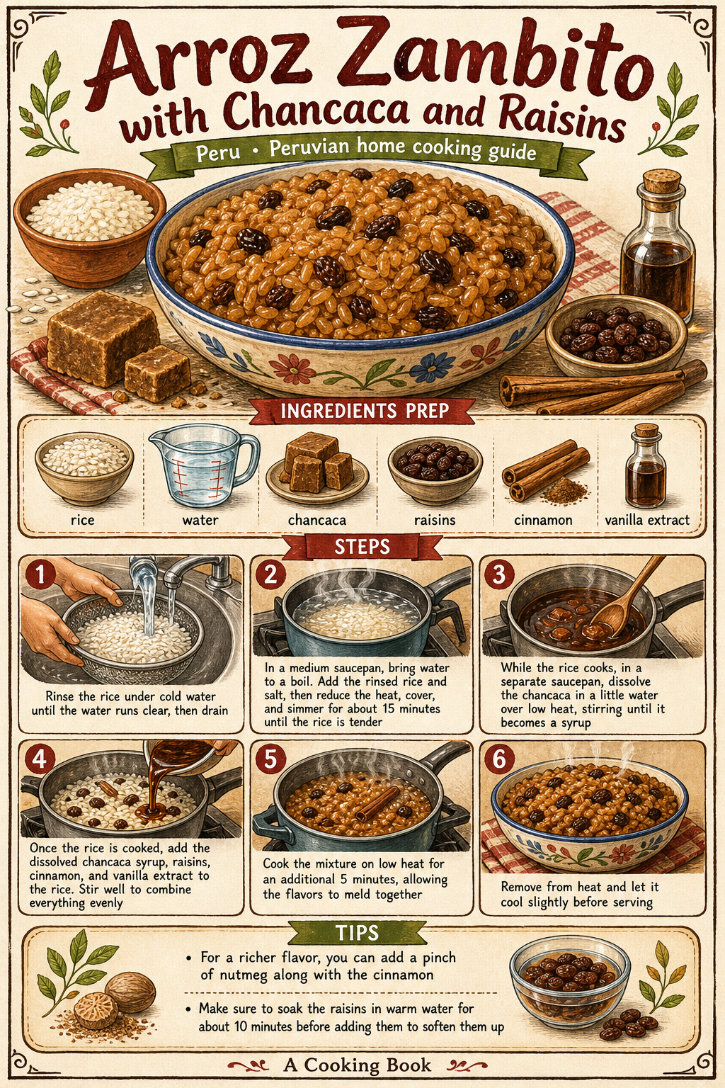Arroz Zambito with Chancaca and Raisins illustrated step-by-step cooking guide