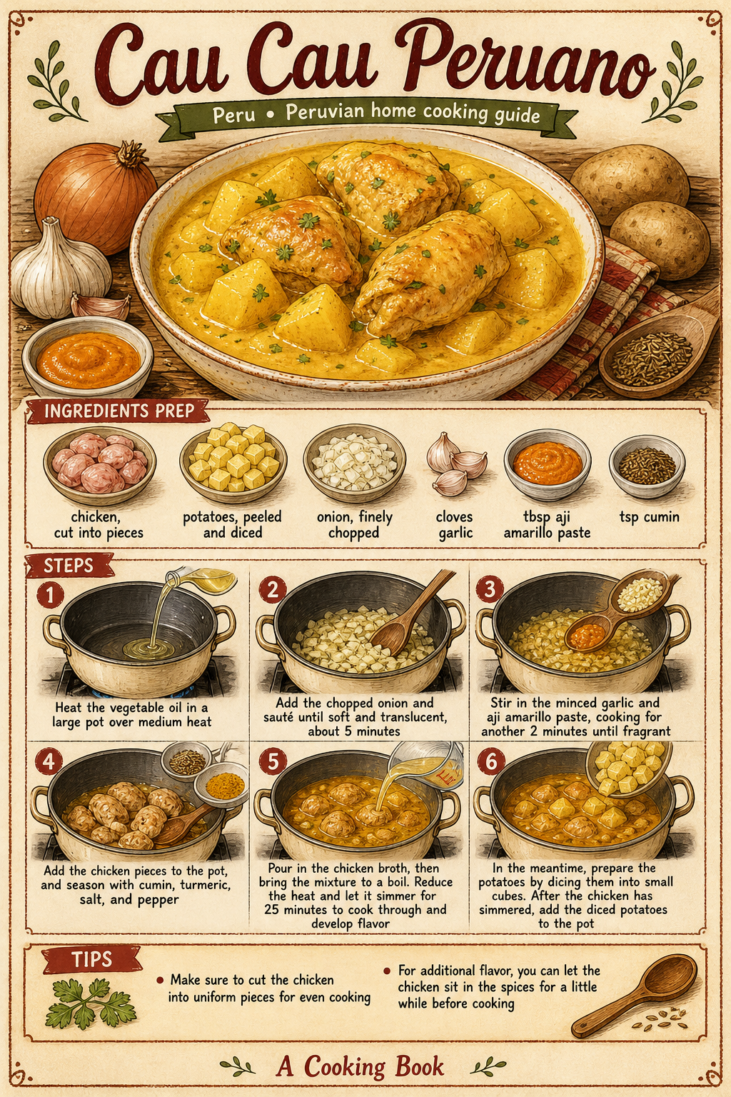 Peruvian Chicken Cau Cau illustrated step-by-step cooking guide