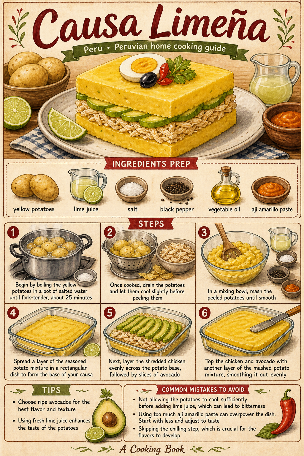 Causa Limeña illustrated step-by-step cooking guide