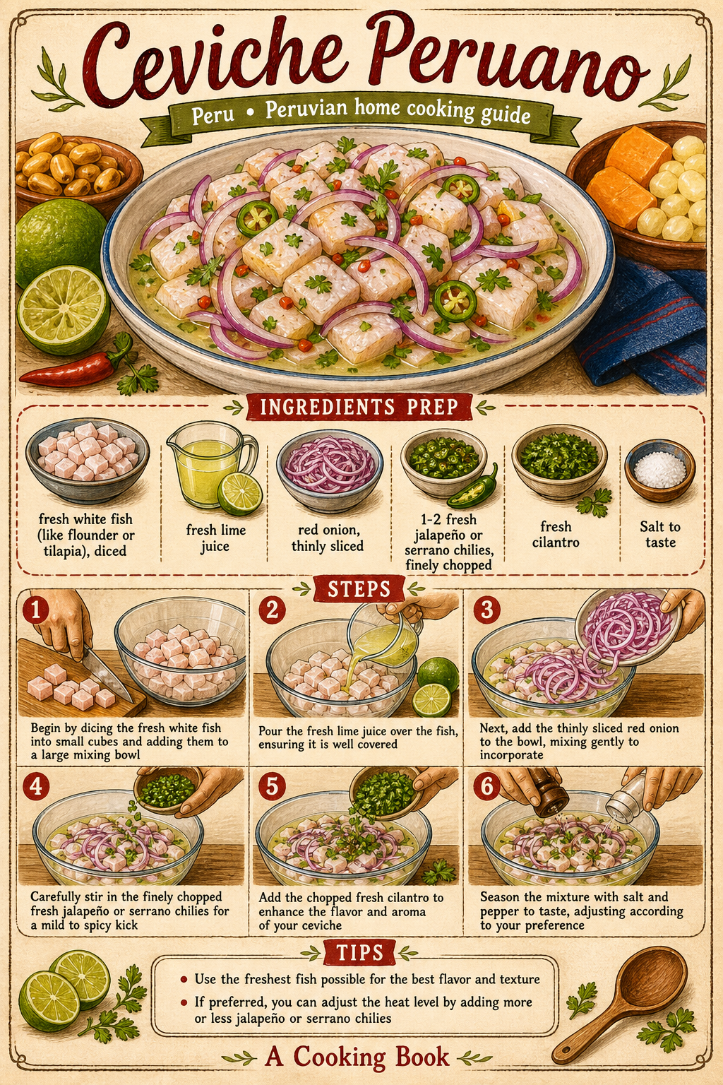 Traditional Peruvian Ceviche with Ají Limo illustrated step-by-step cooking guide