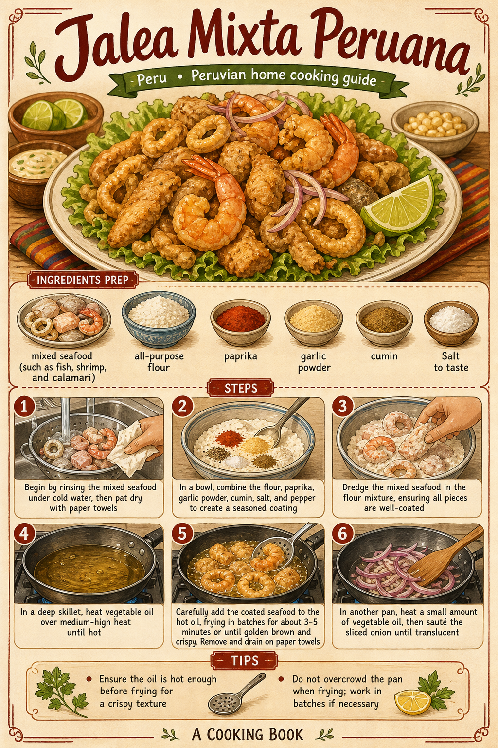Jalea Mixta Peruana illustrated step-by-step cooking guide