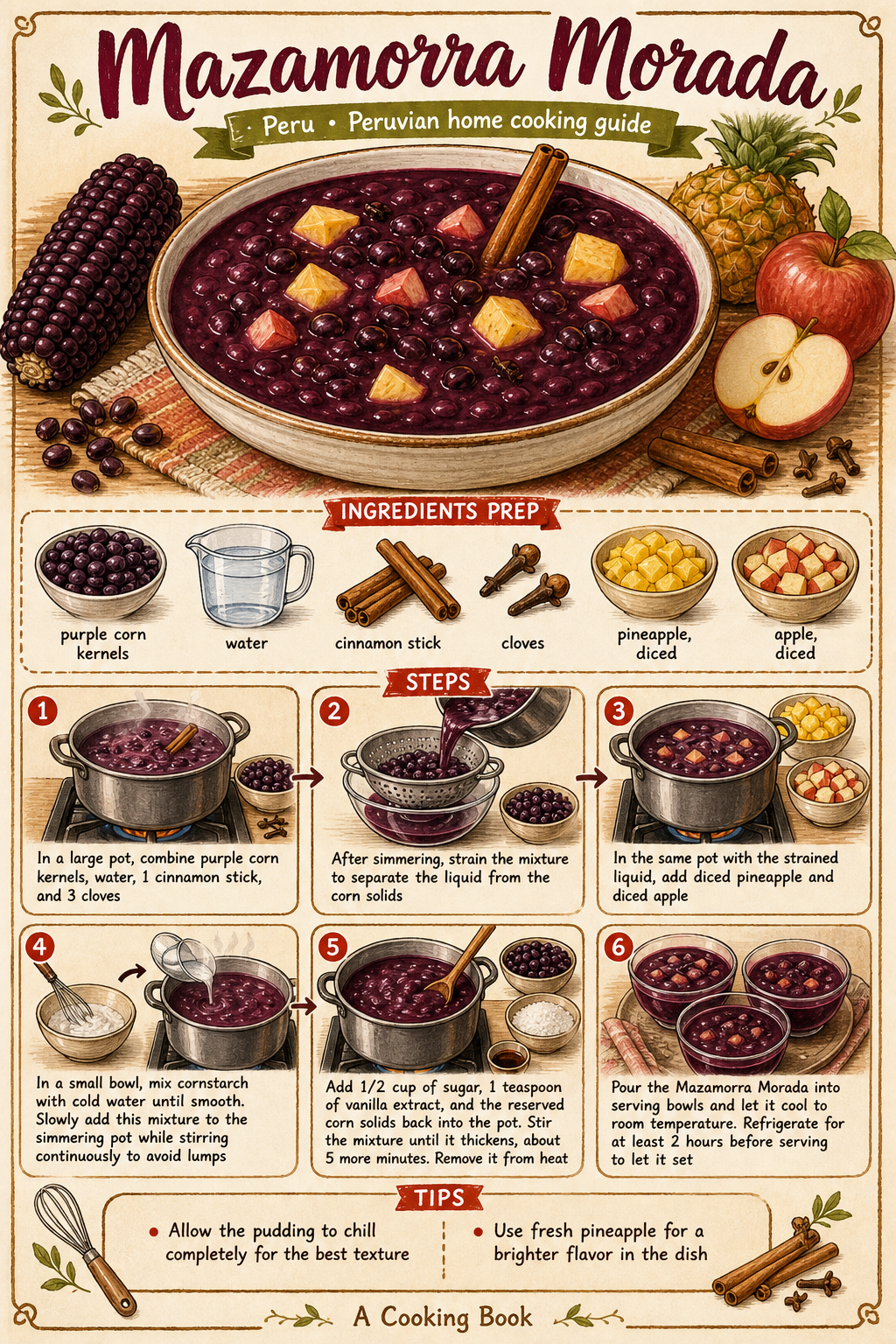 Traditional Mazamorra Morada illustrated step-by-step cooking guide