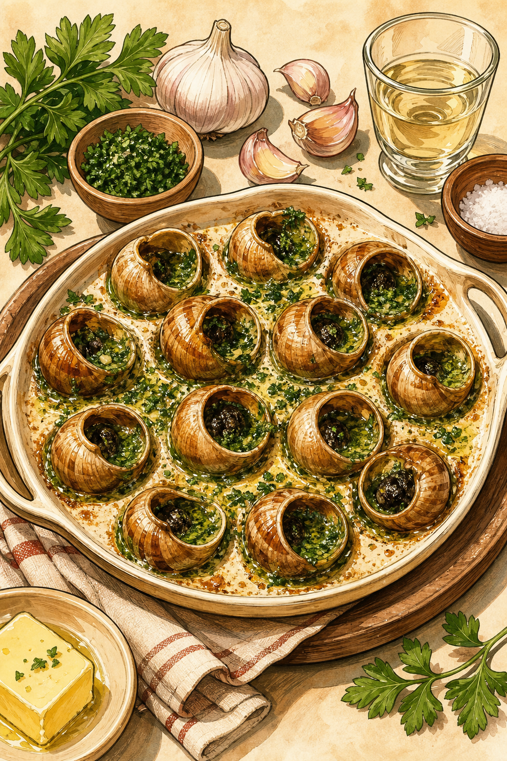 Escargots illustrated recipe card