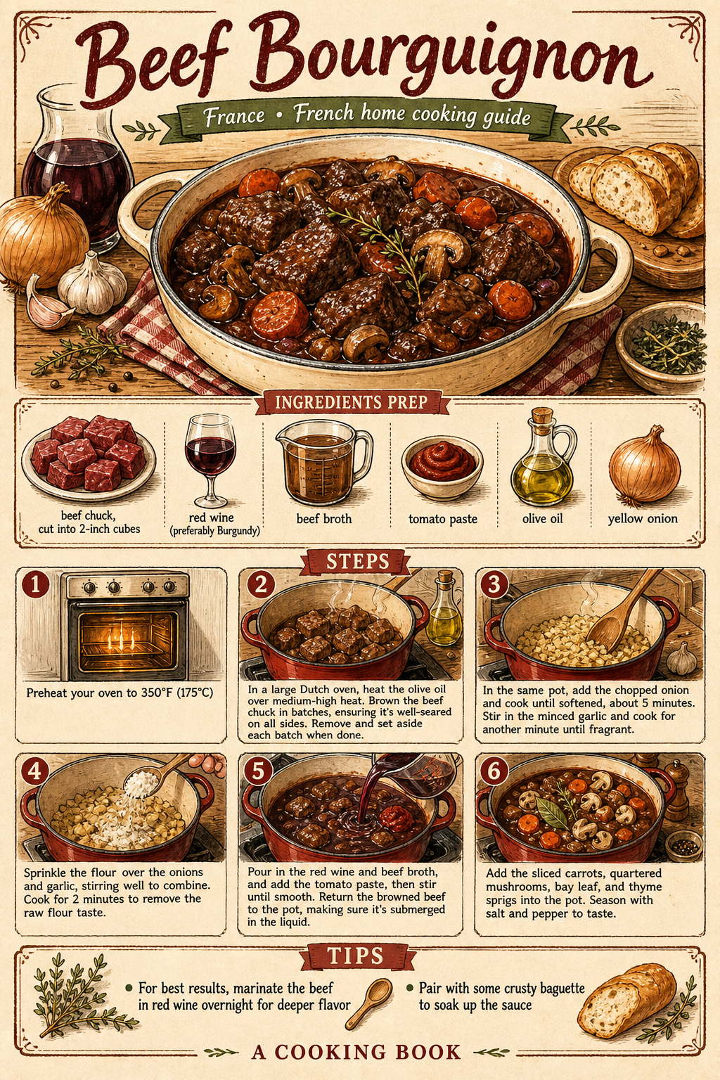 Beef Bourguignon illustrated step-by-step cooking guide