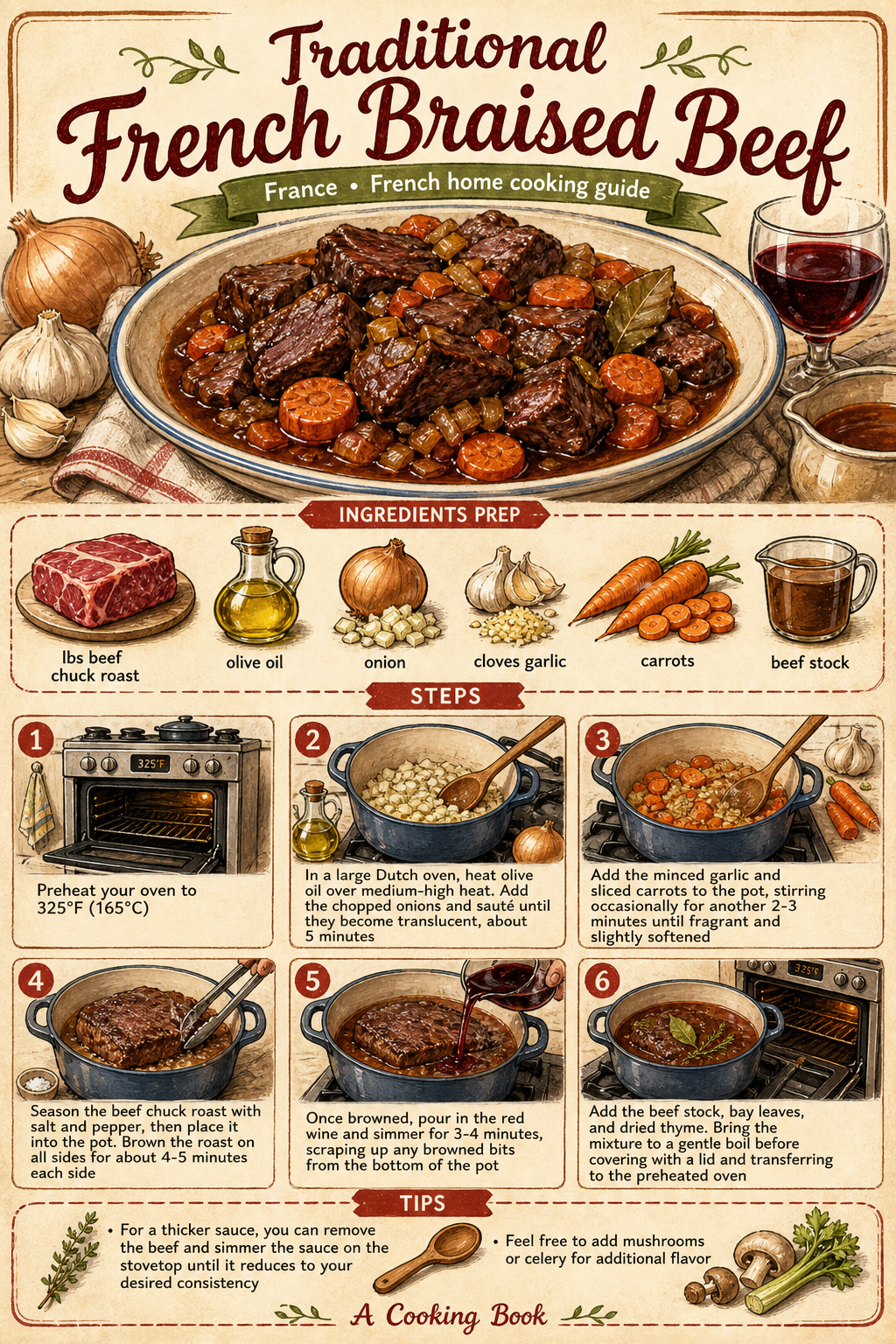 Traditional French Braised Beef illustrated step-by-step cooking guide