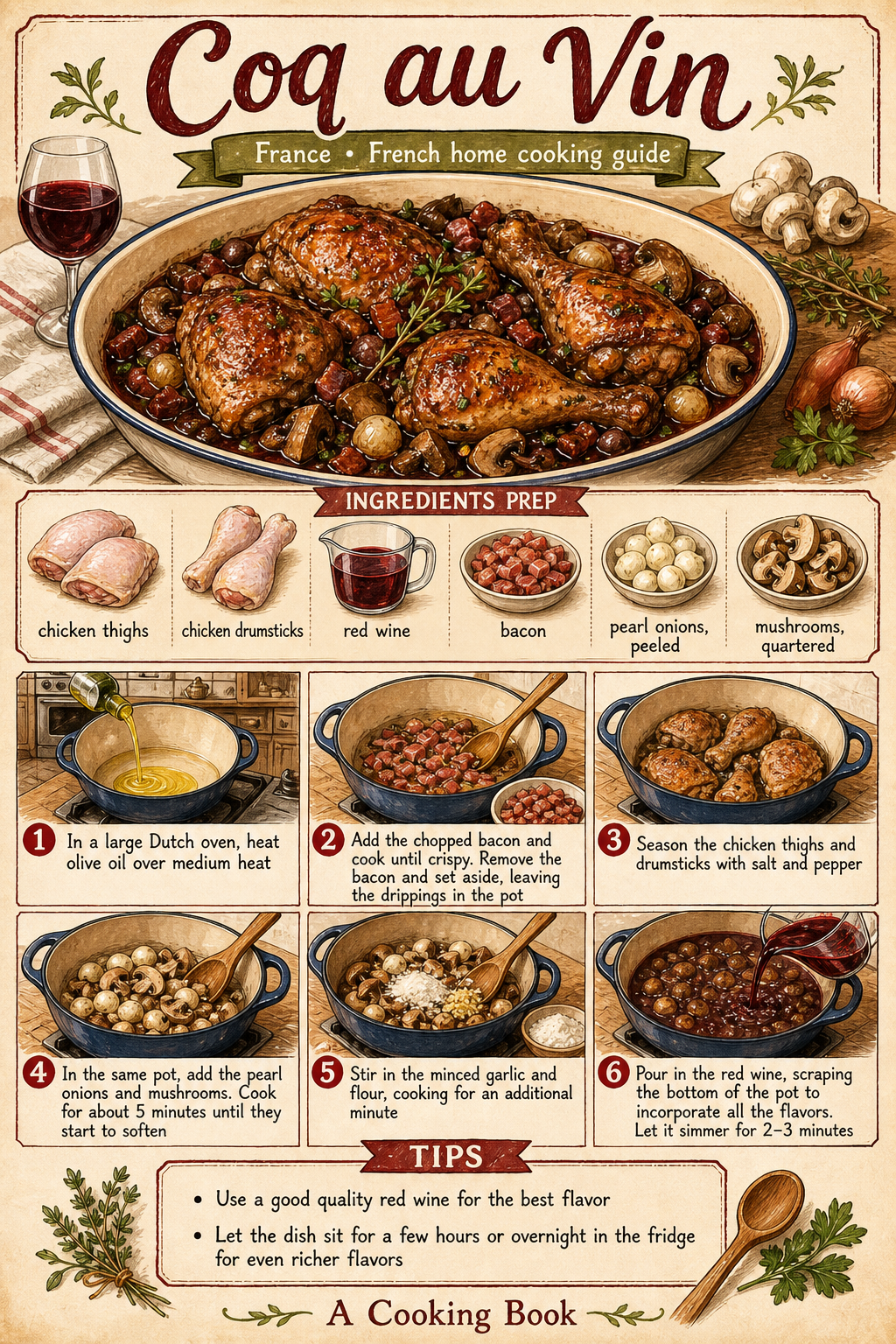 Coq au Vin illustrated step-by-step cooking guide