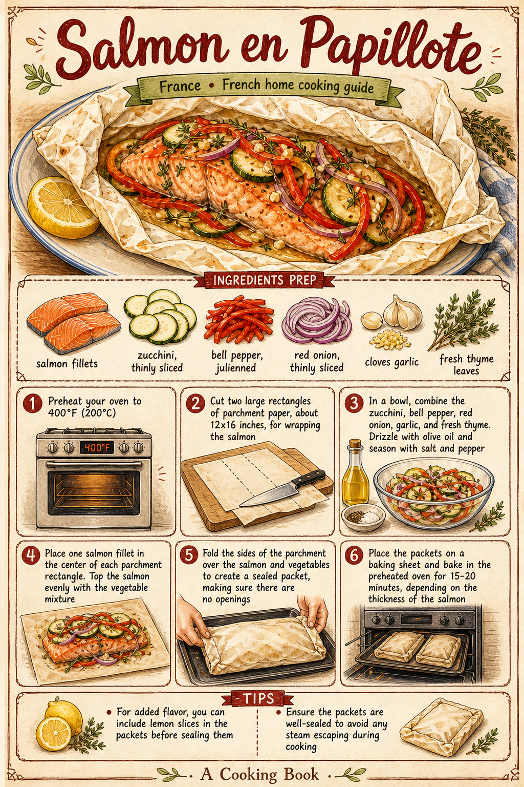 Salmon en Papillote illustrated step-by-step cooking guide